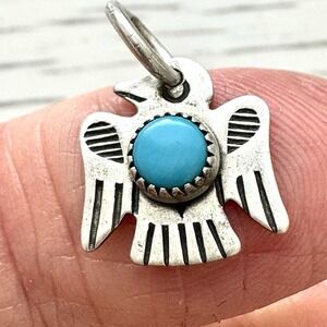 Tiny Navajo Thunderbird Turquoise Pendant Harvey Era Sterling Charm Native VTG